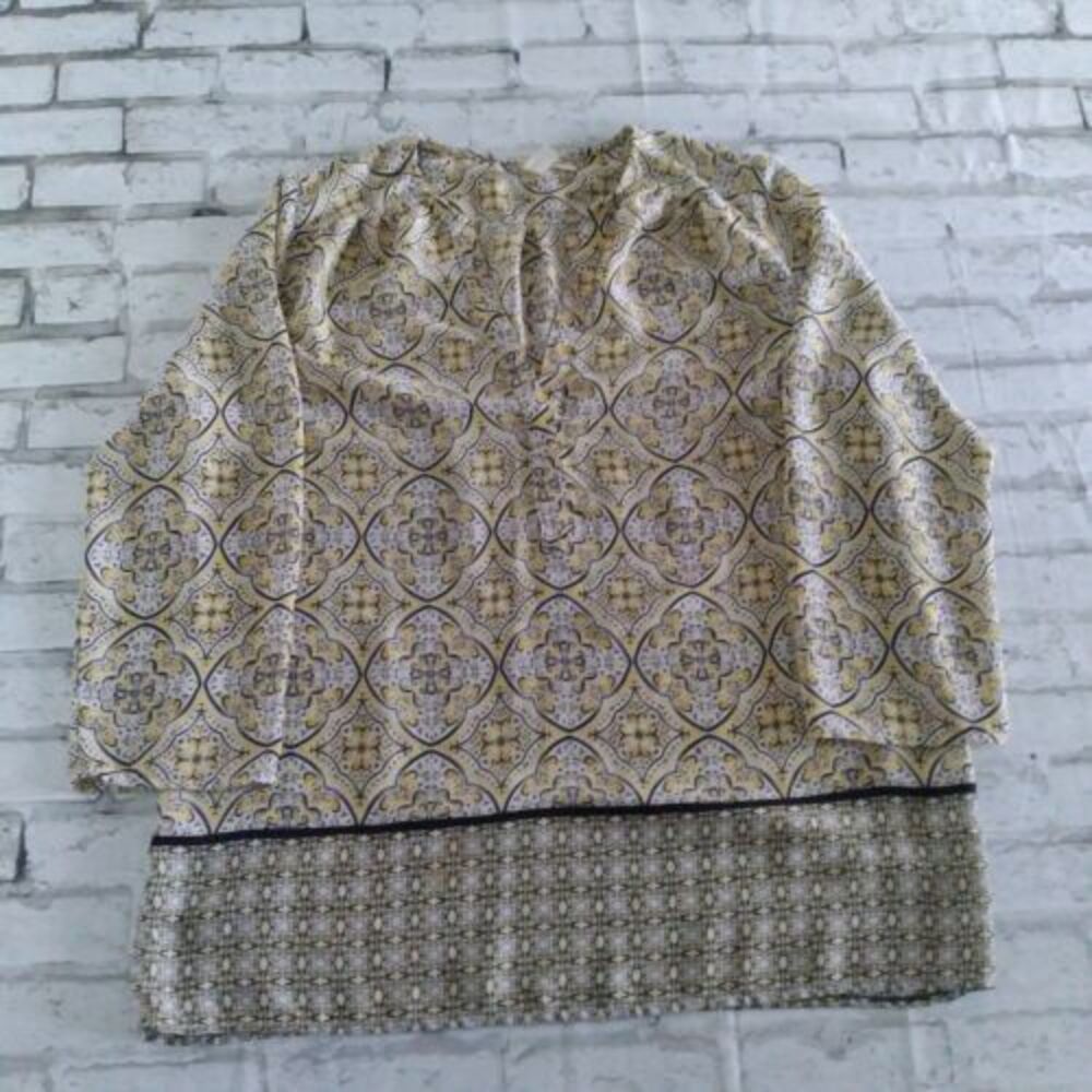 Tacera Blouse Womens Large White Yellow Gray Geometric Medallion V Neck Tunic